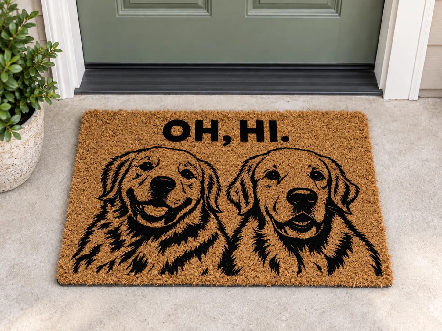 Oh, Hi. coir mat outside a covered front door