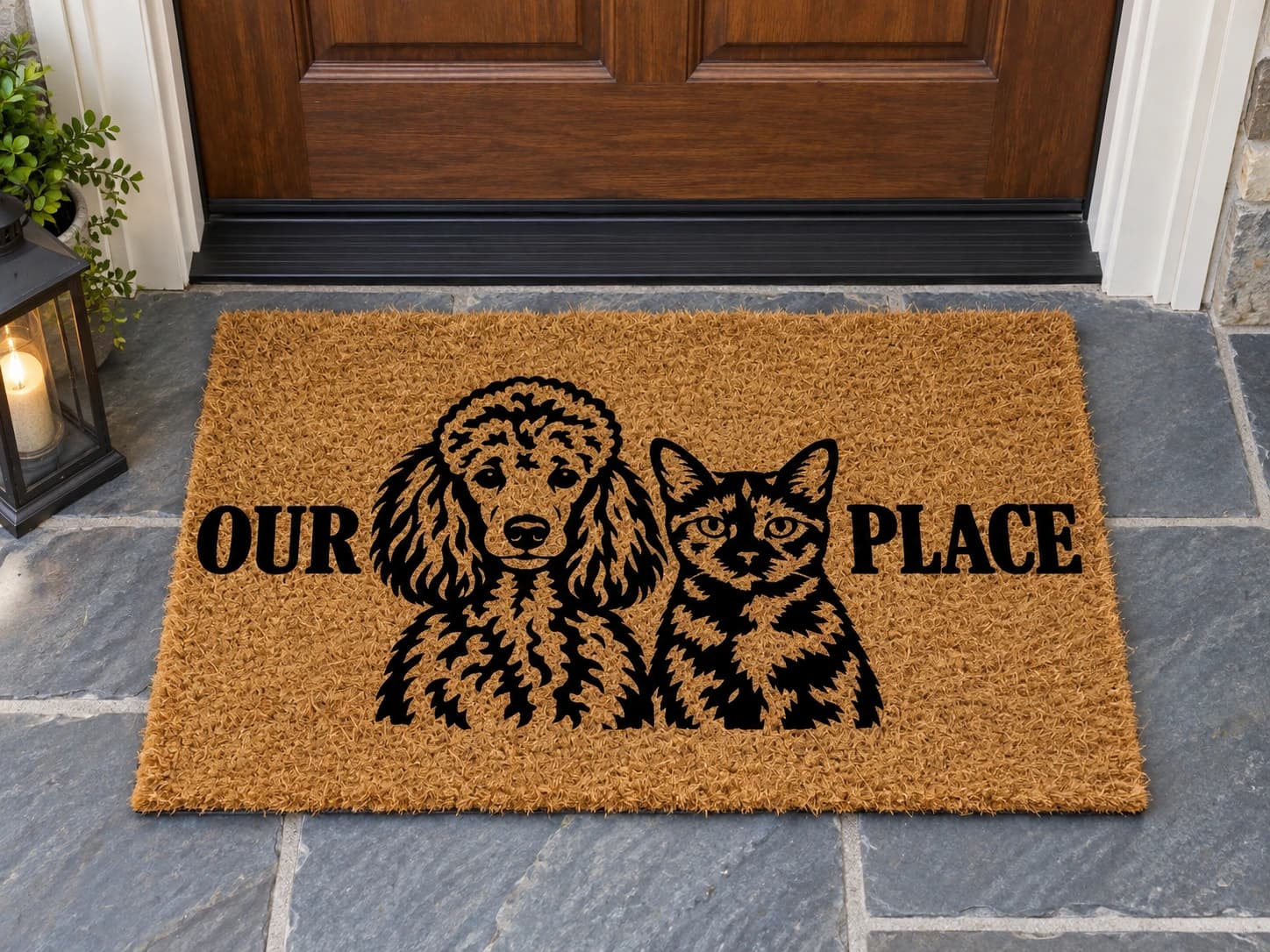 Our Place coir mat outside a covered front door