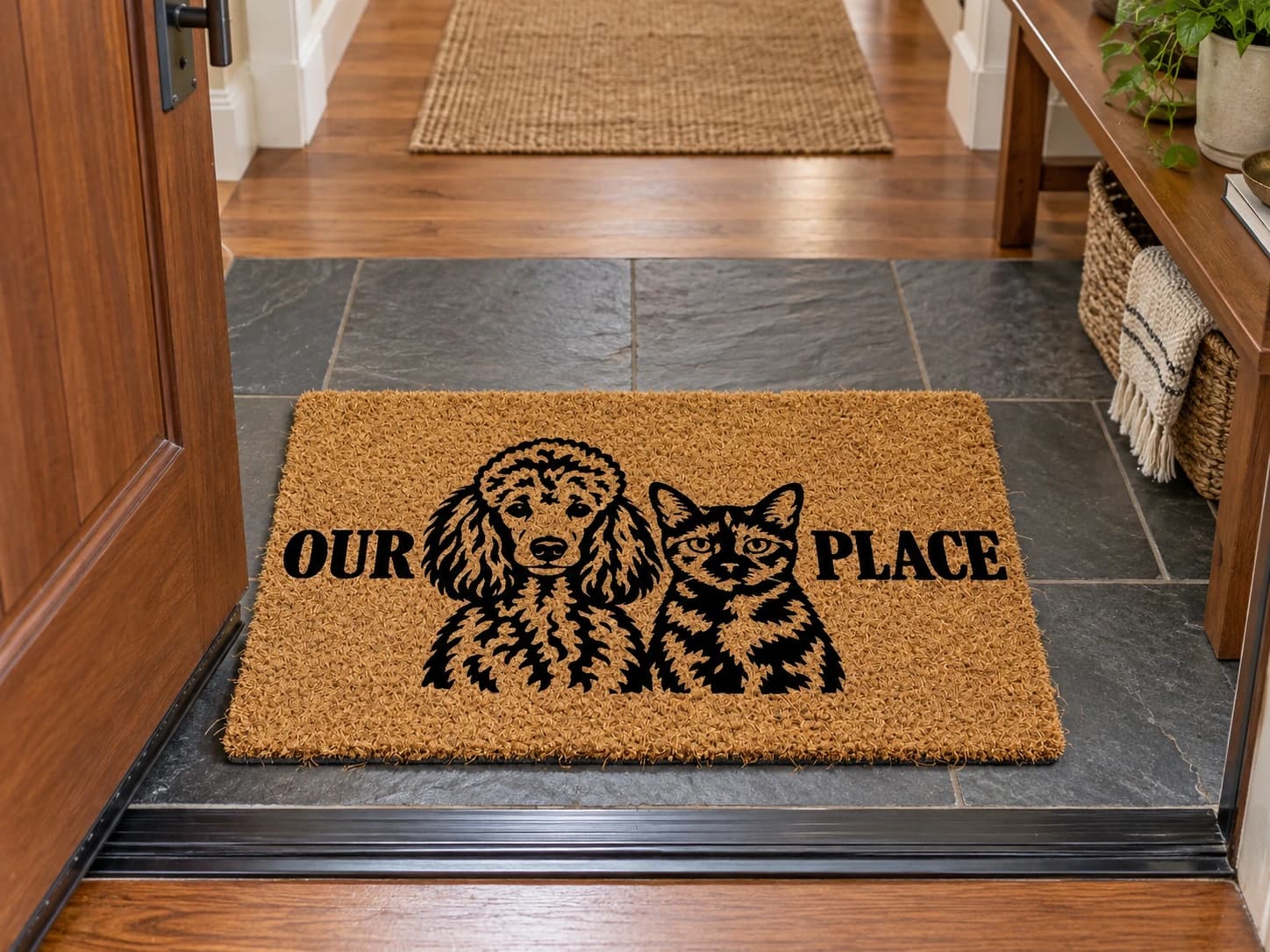 Our Place coir mat on the entryway floor inside the front door