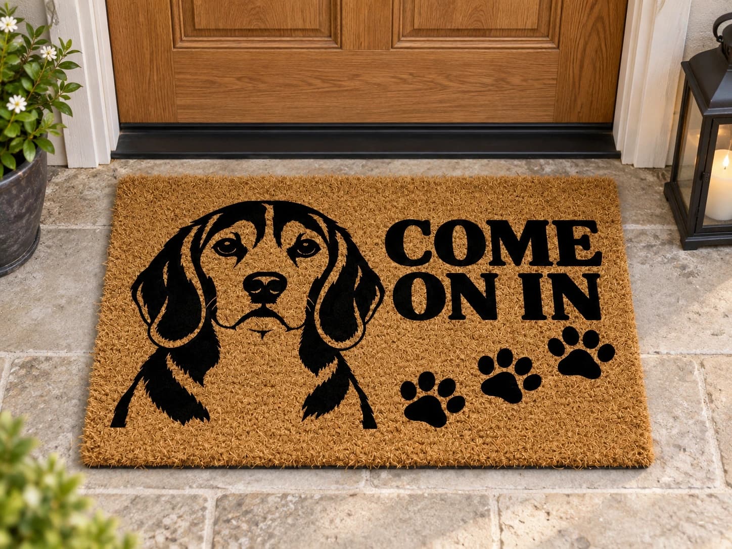 Paw Trail coir mat outside a covered front door