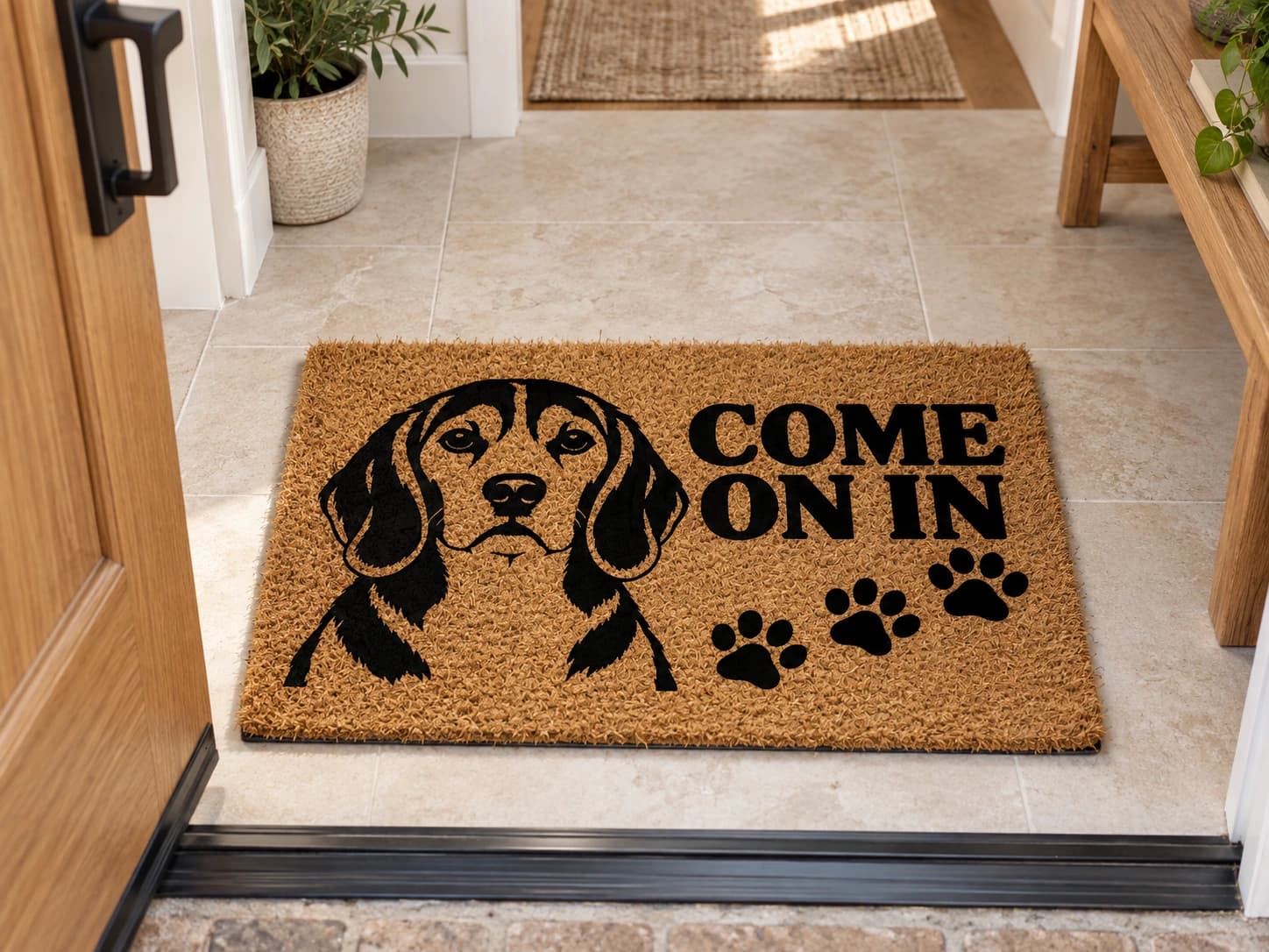 Paw Trail coir mat on the entryway floor inside the front door