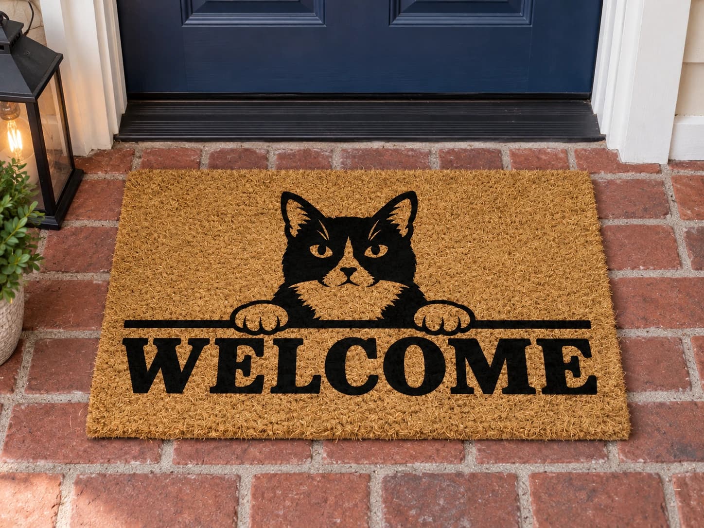 Peeking Over coir mat outside a covered front door