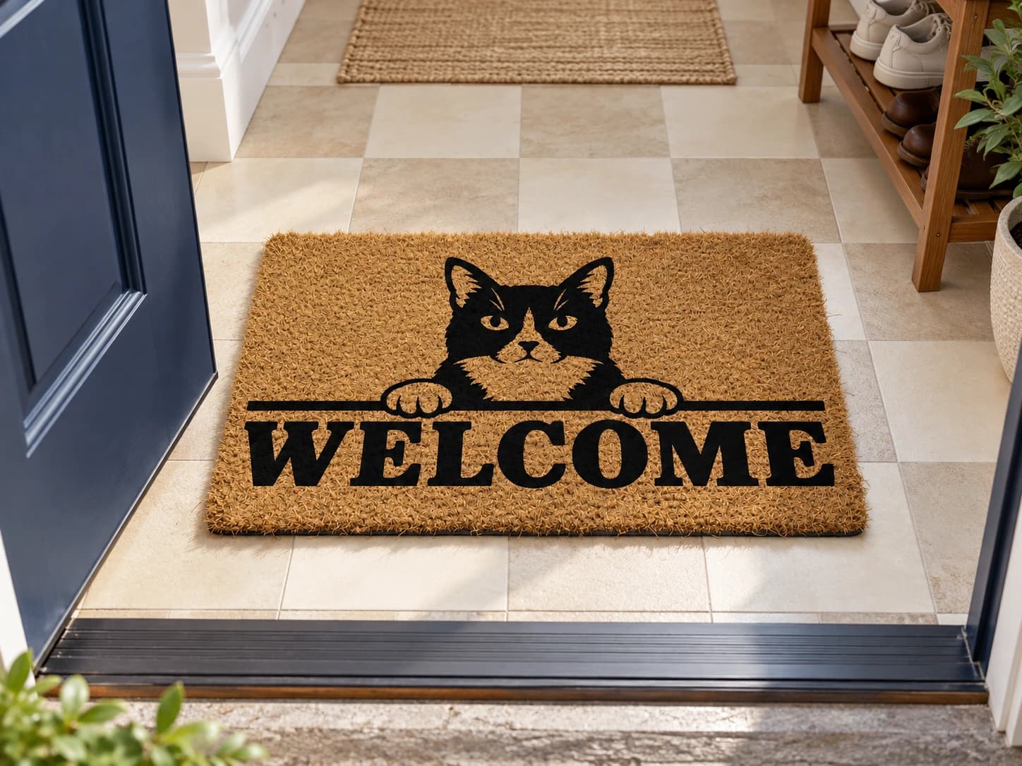 Peeking Over coir mat on the entryway floor inside the front door