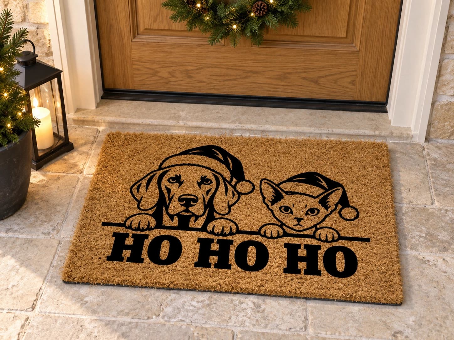Peeking Santa coir mat outside a covered front door