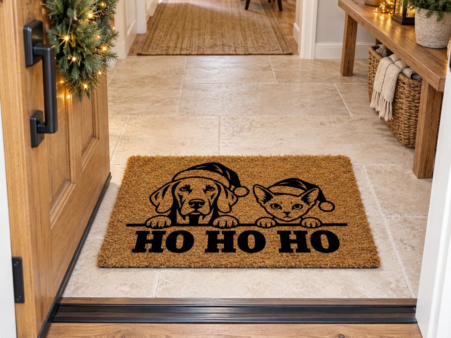 Peeking Santa coir mat on the entryway floor inside the front door