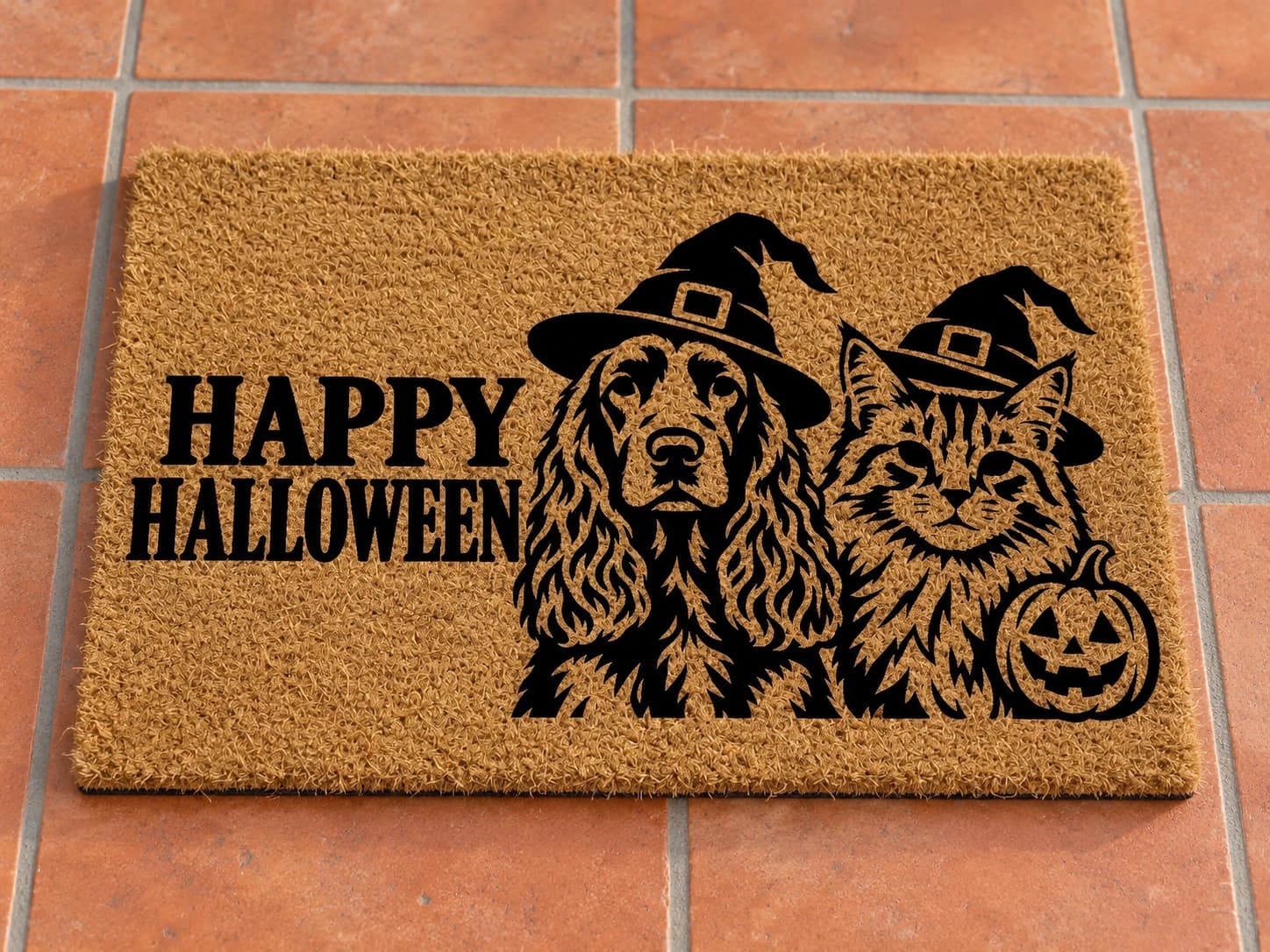 Pumpkin Companion coir mat photographed in a studio