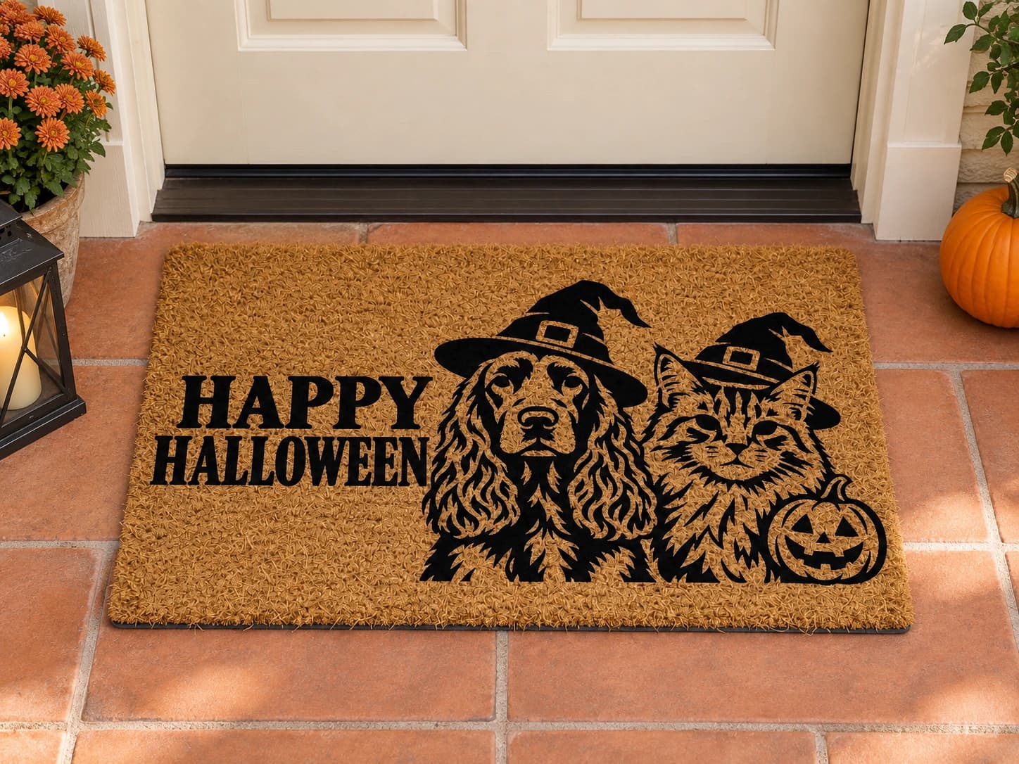 Pumpkin Companion coir mat outside a covered front door