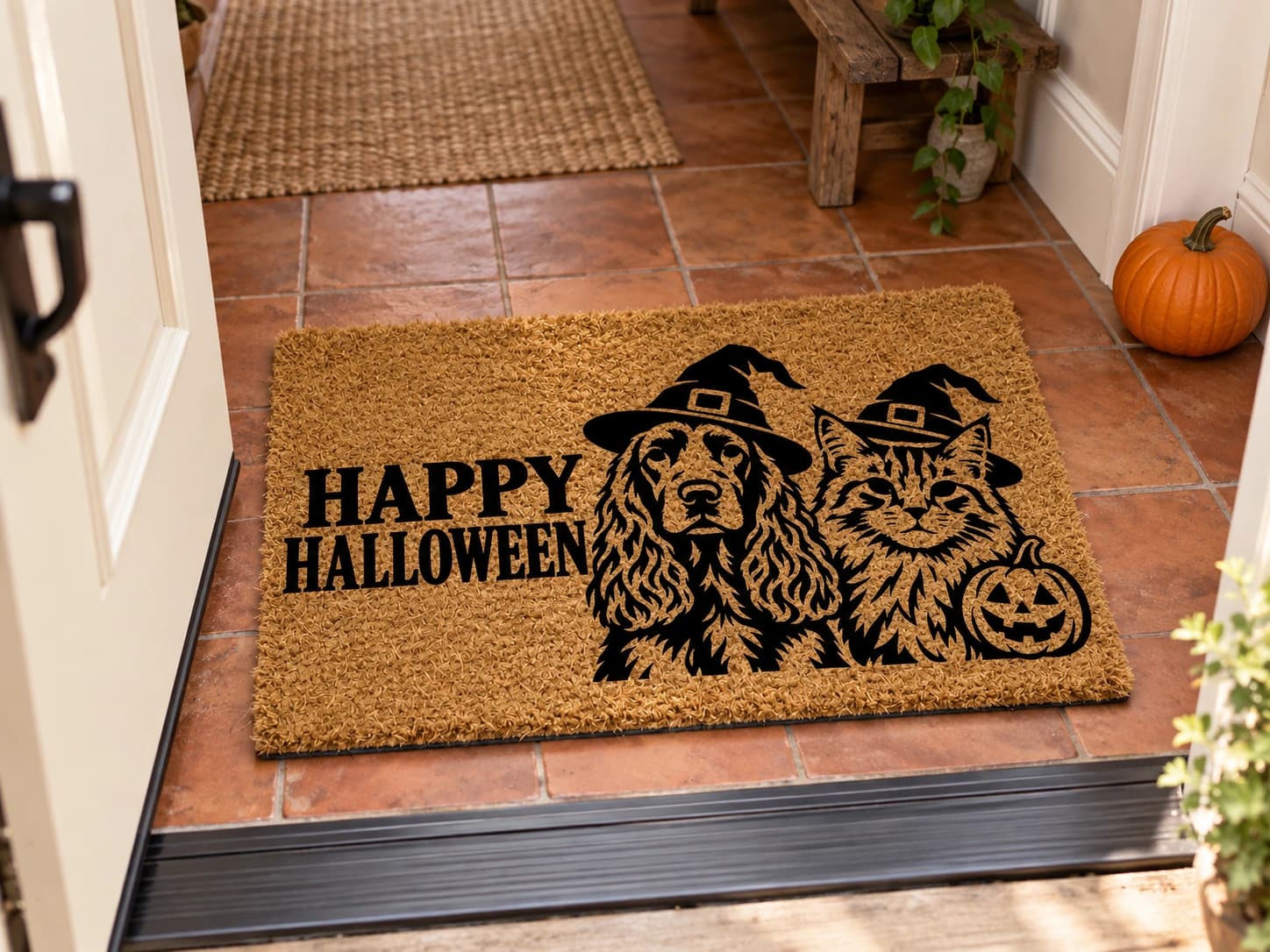 Pumpkin Companion coir mat on the entryway floor inside the front door