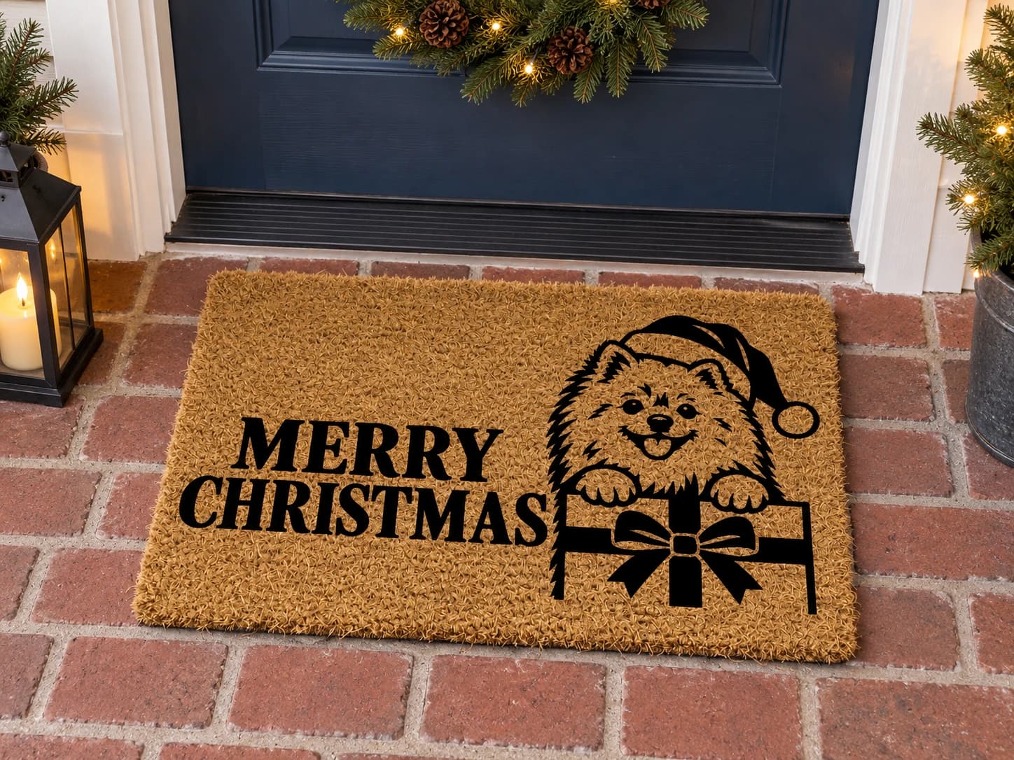 Santa & Gift coir mat outside a covered front door