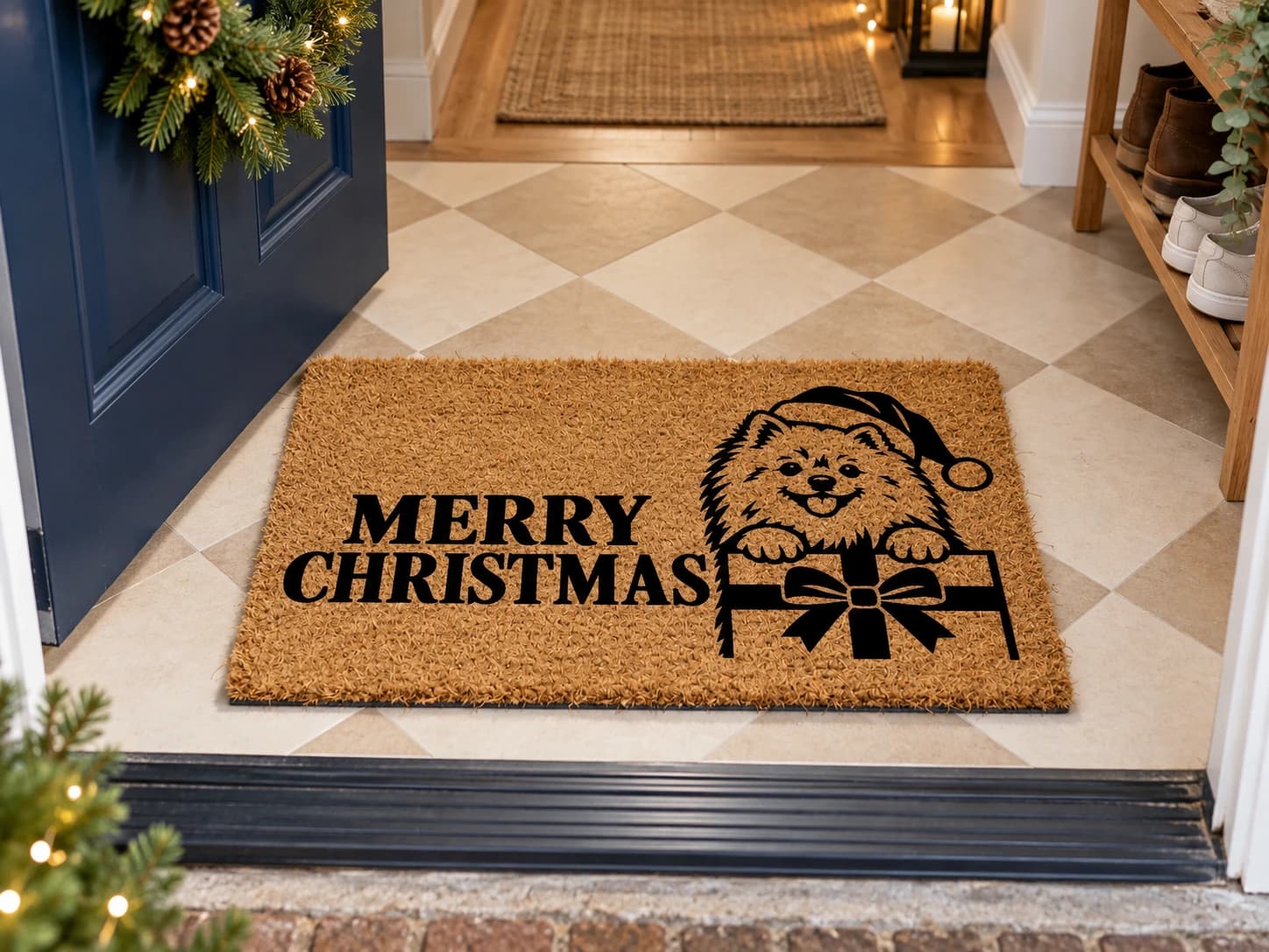 Santa & Gift coir mat on the entryway floor inside the front door