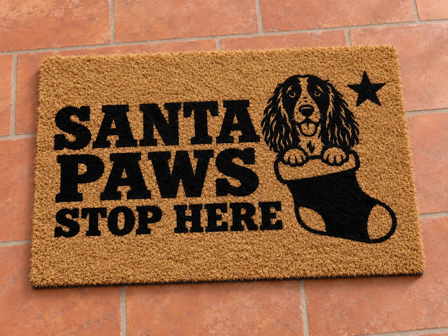 Santa Paws coir mat photographed in a studio
