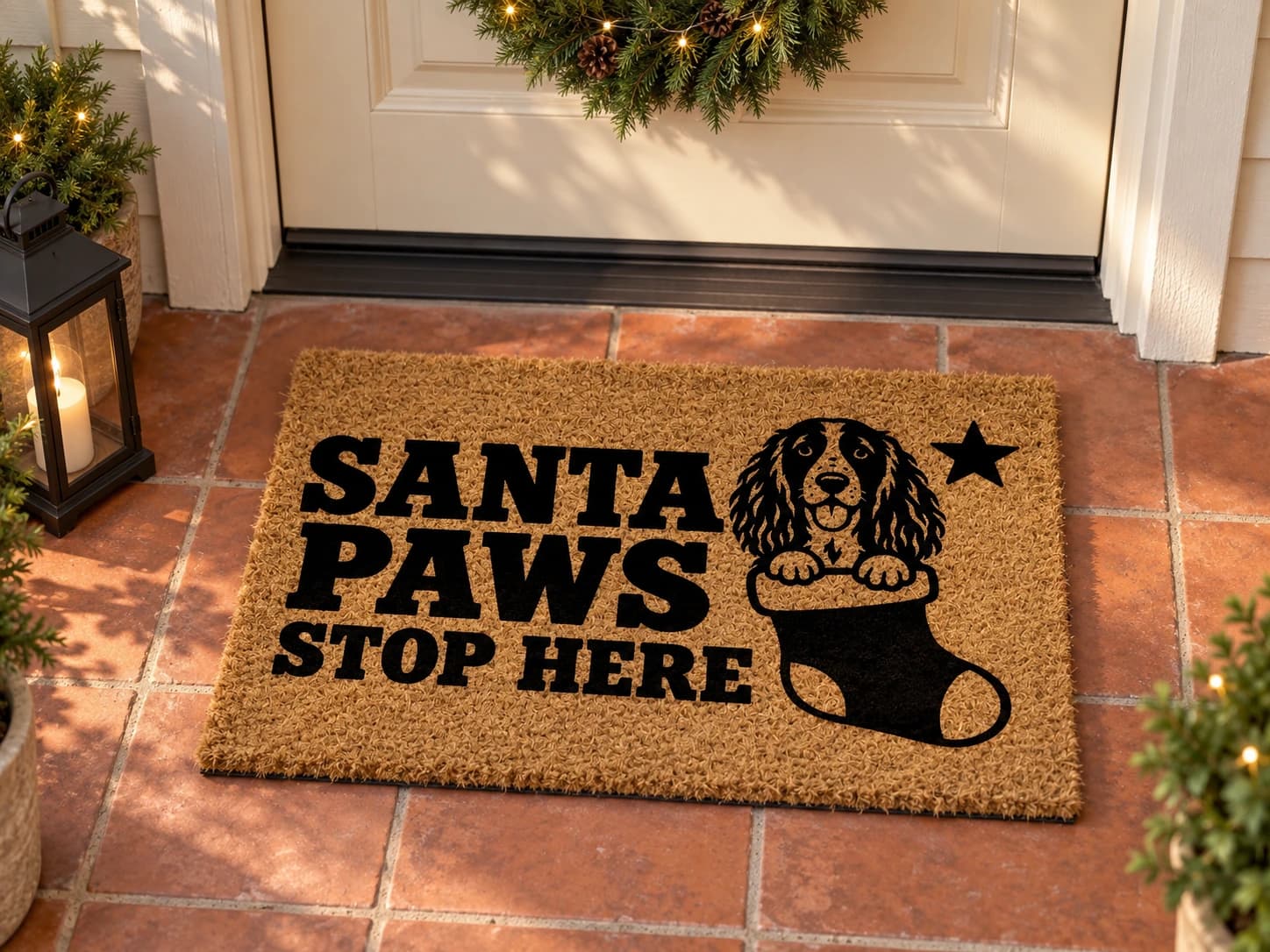 Santa Paws coir mat outside a covered front door