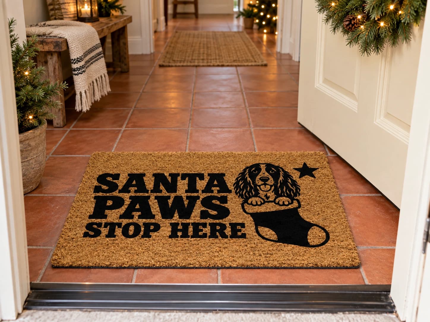 Santa Paws coir mat on the entryway floor inside the front door