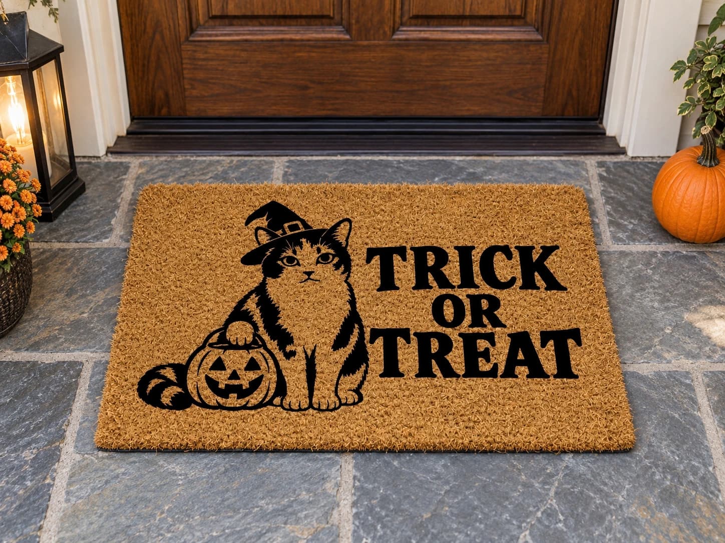 Treat Bucket coir mat outside a covered front door