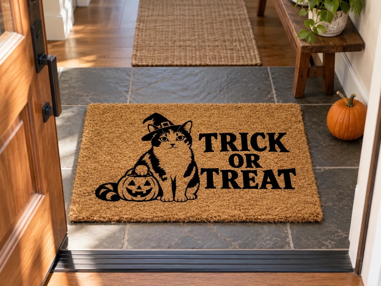 Treat Bucket coir mat on the entryway floor inside the front door