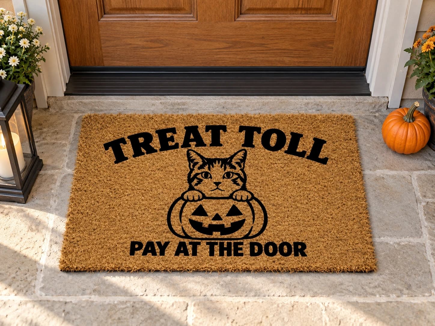 Treat Toll coir mat outside a covered front door