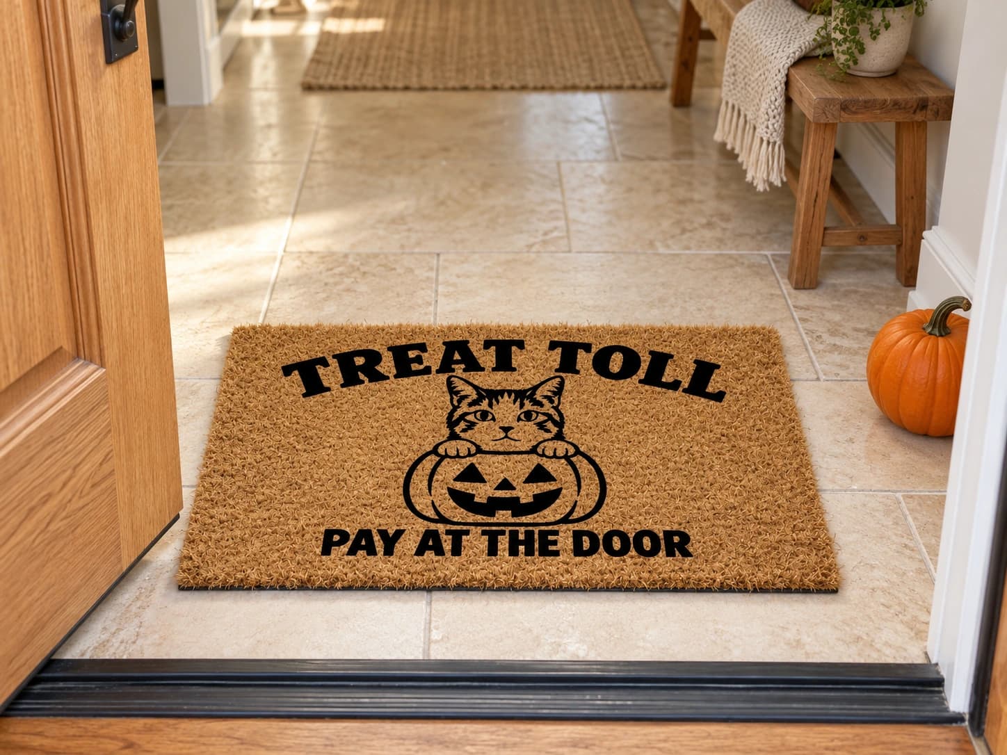 Treat Toll coir mat on the entryway floor inside the front door