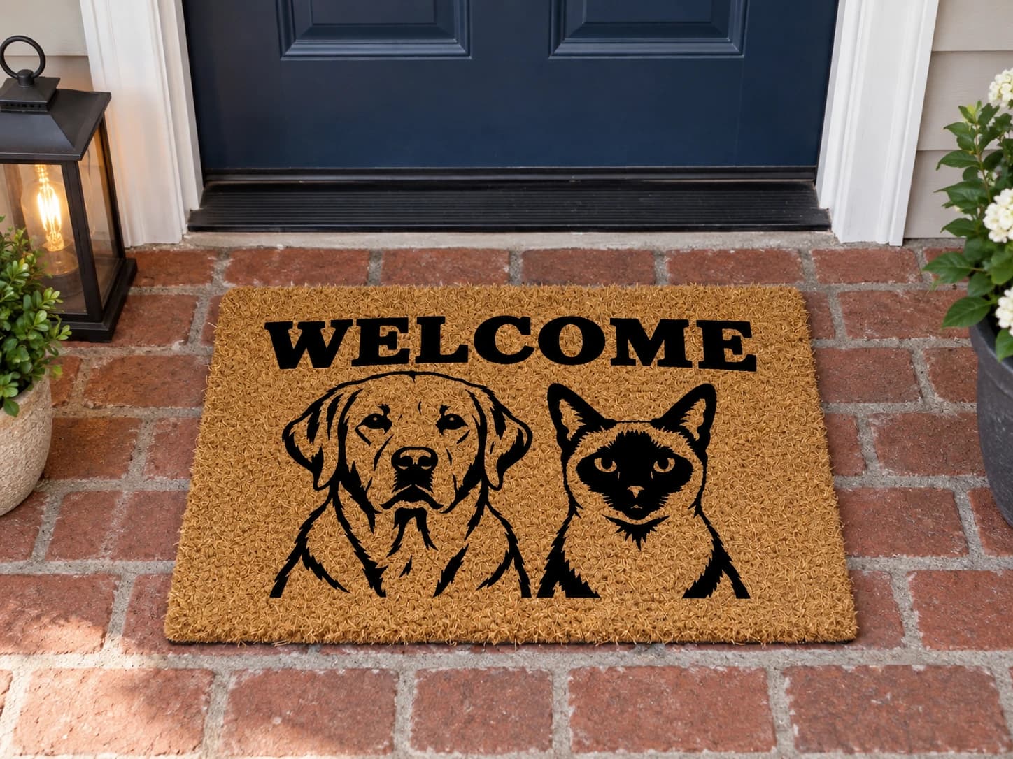 Welcome coir mat outside a covered front door