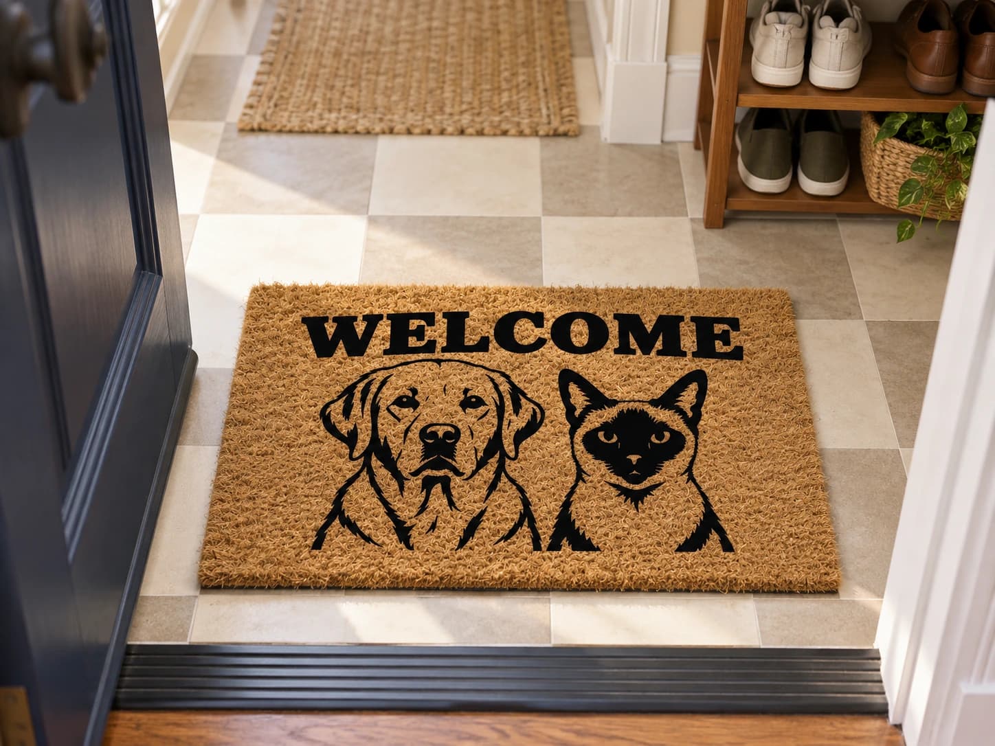 Welcome coir mat on the entryway floor inside the front door