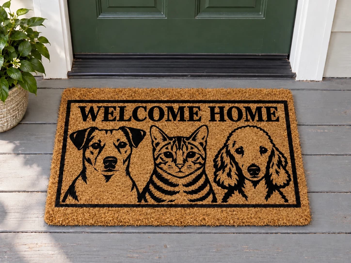 Welcome Home coir mat outside a covered front door