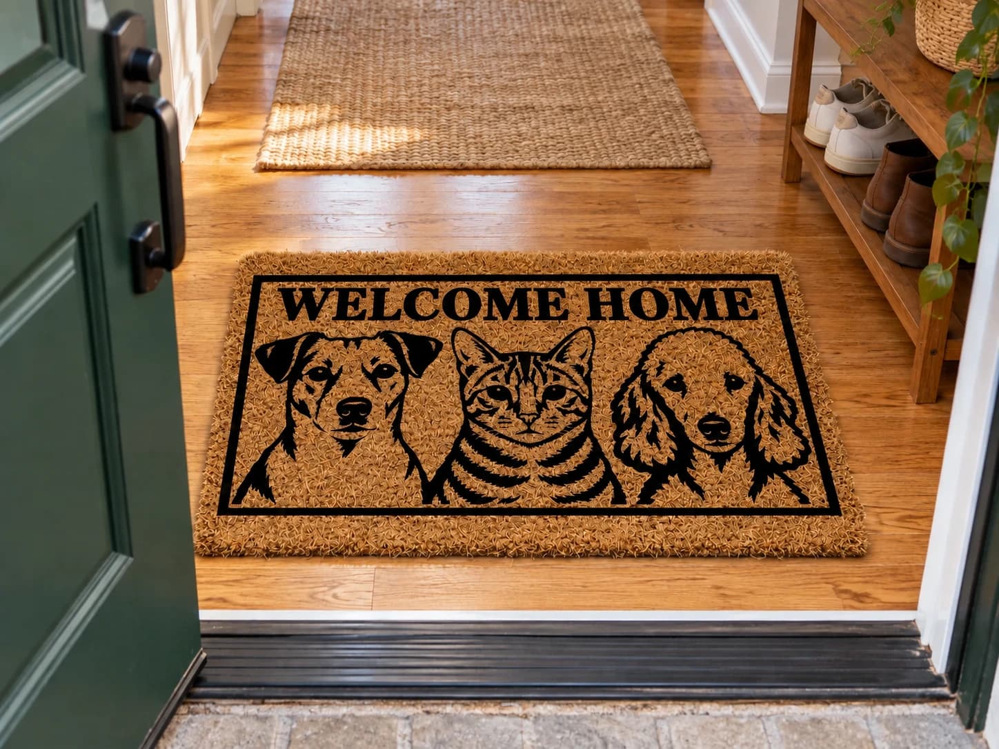 Welcome Home coir mat on the entryway floor inside the front door