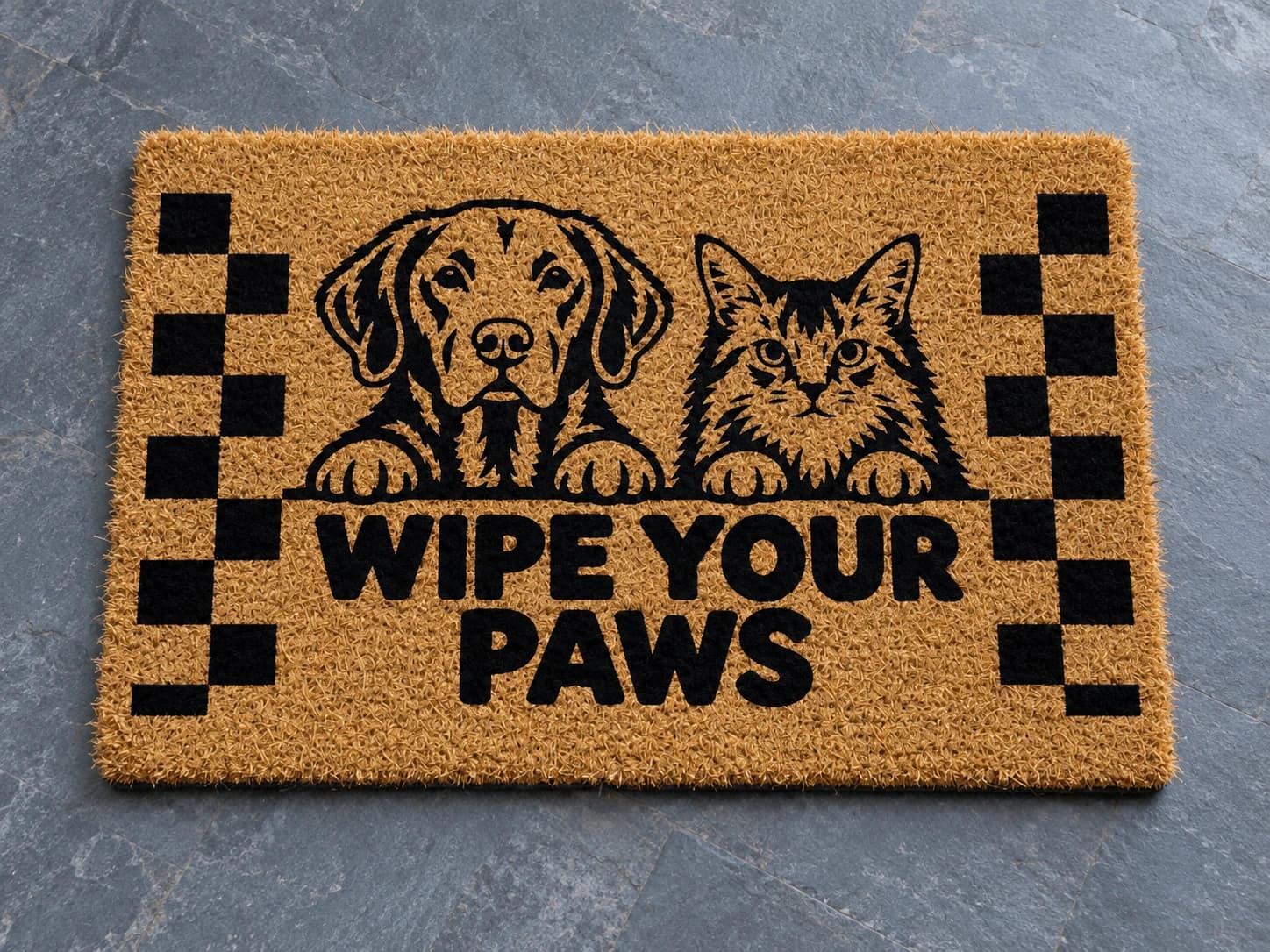 Wipe Your Paws coir mat photographed in a studio