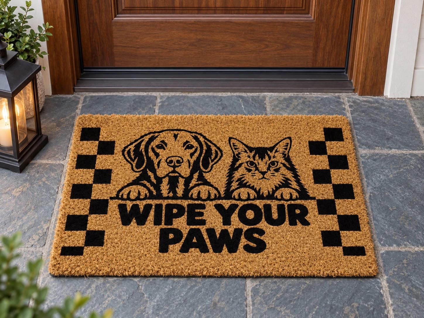 Wipe Your Paws coir mat outside a covered front door