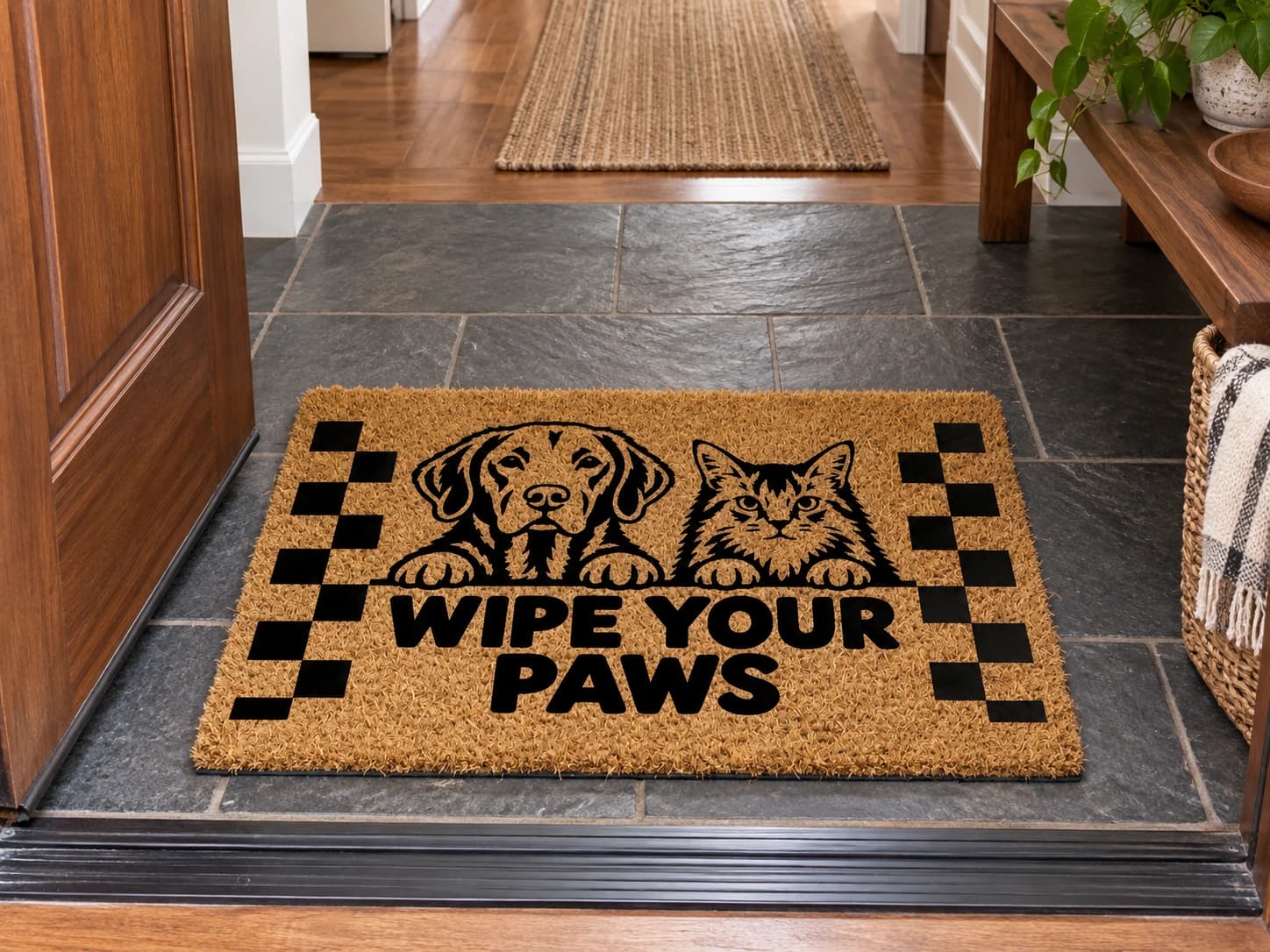 Wipe Your Paws coir mat on the entryway floor inside the front door